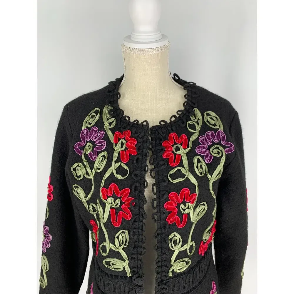 Carson Vintage Wool Floral Ribbon Open Cardigan Sweater Womens Medium Black Red